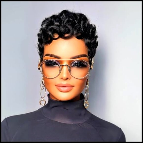 Pixie Cut Human Hair Wig Glueless Curly With Bangs Daily Wear Modern Style